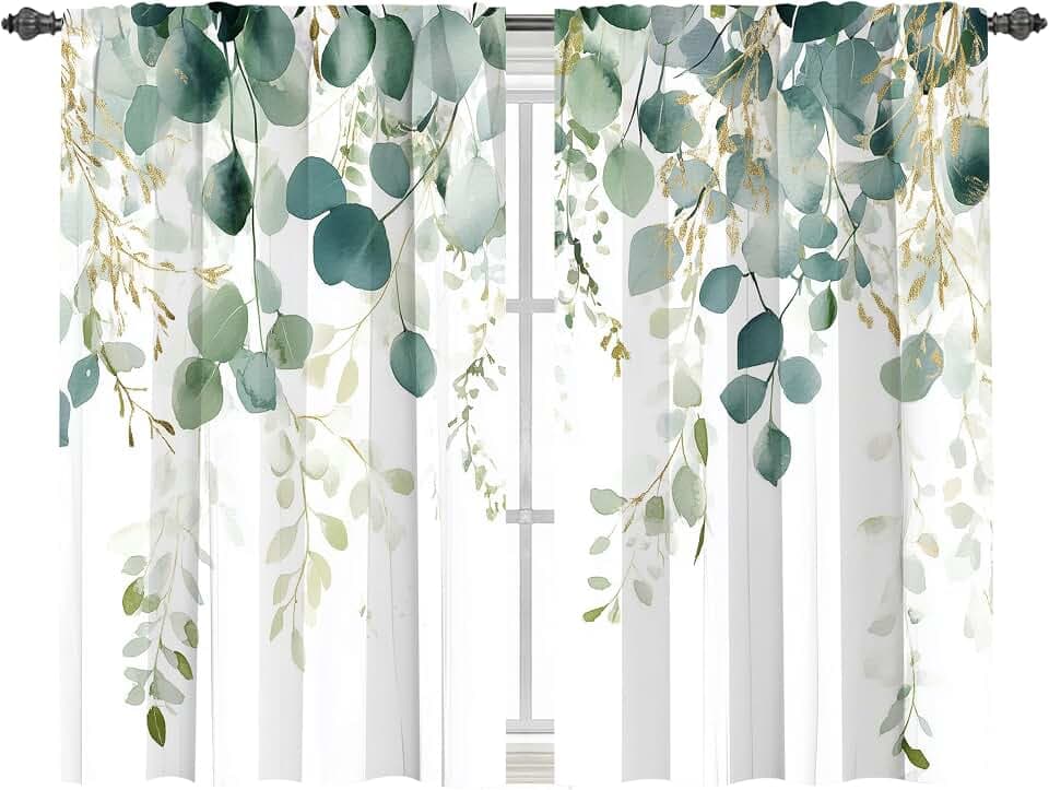 Worltoldb Eucalyptus Leaves Kitchen Curtains Cafe Curtains for Bathroom Dining Room Living Room Pocket Window Drapes 2 Panels Set 28"x36"