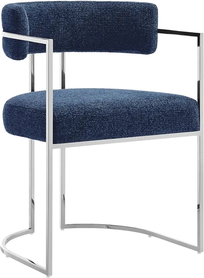 Modway Huron Modern Barrel Dining Chair with Sled Base in Silver Navy – Upholstered Fabric Accent Chair with Open Curved Back