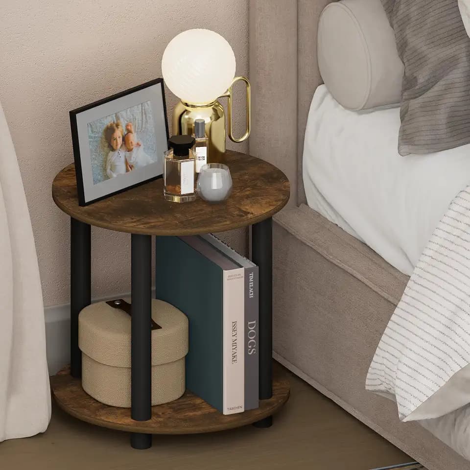 Furinno Turn-N-Tube Night Stand, 2-Tier Small Round Nightstand, Toolless Assembly End Table with Open Shelf, Bedside Table, Side Table, for Bedroom, Closet, Dorm, Amber Pine