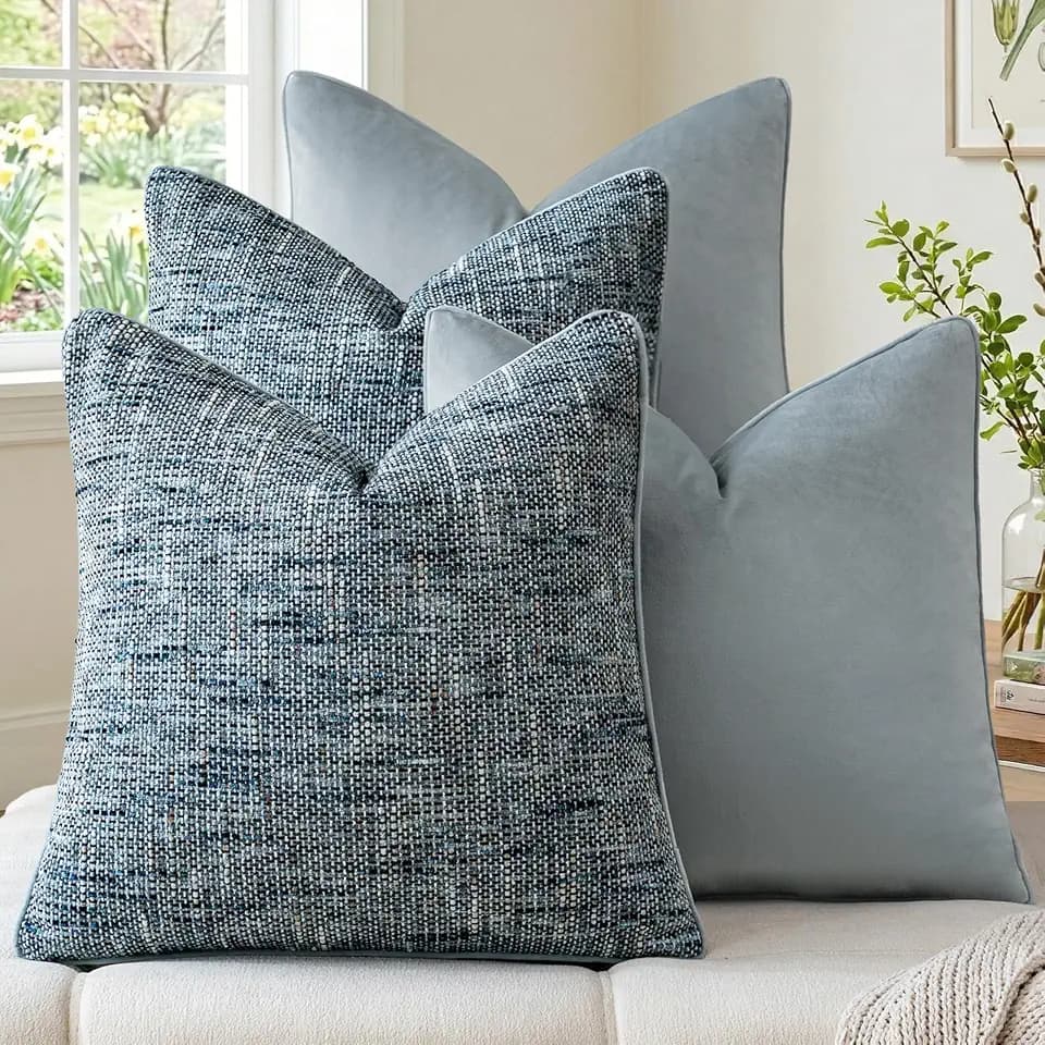 a moment Light Blue 4 Pack Throw Pillow Covers - Chenille & Velvet Set with Piping, Farmhouse Textured Design Pillow Cases for Couch Sofa Bed Livingroom (20x20 Inch, No Insert)