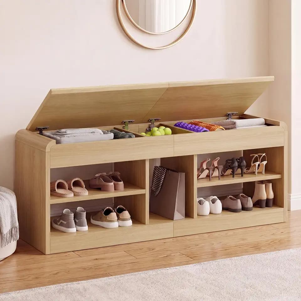 47.2" Shoe Storage Bench with Flip-Open Box & Shelf, Natural