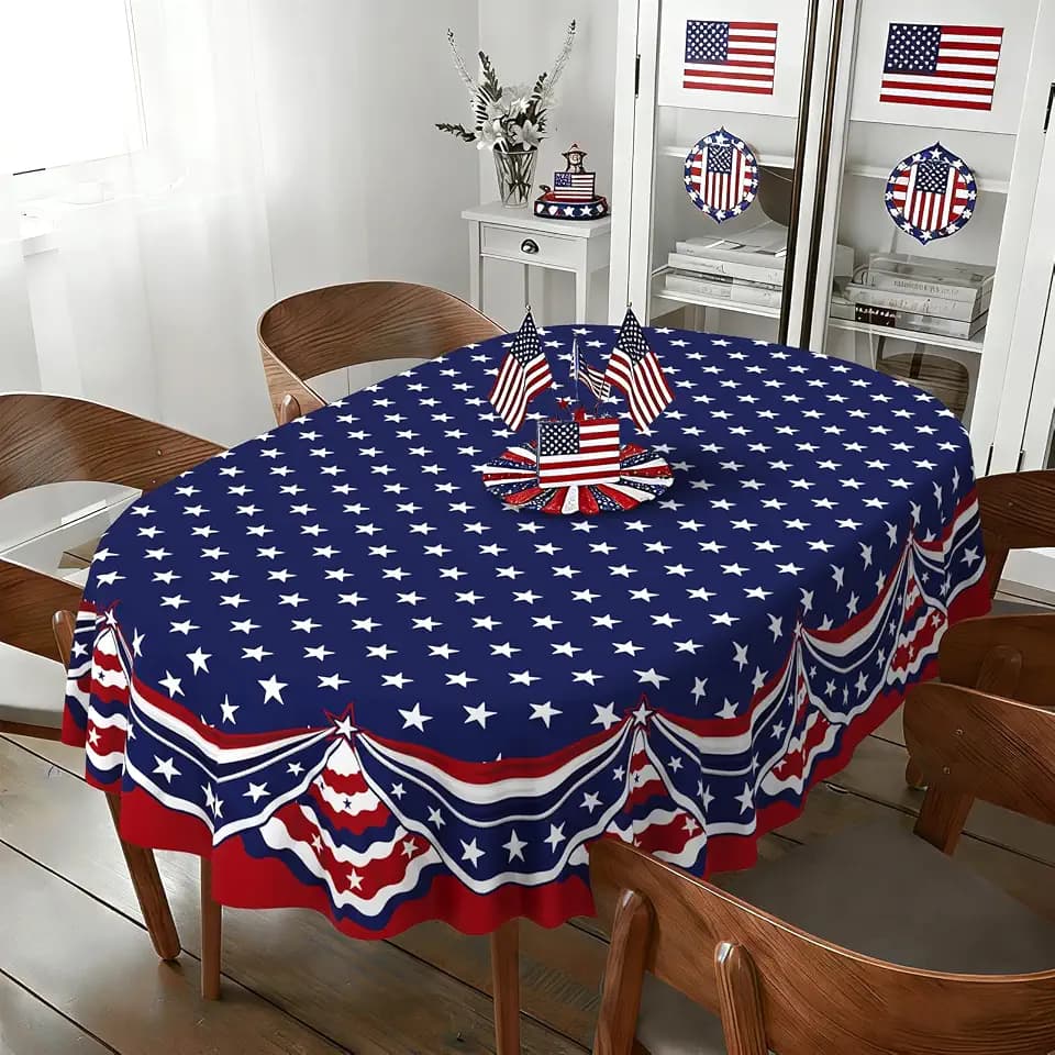 Oval 4th of July Tablecloth 60x102 Inch, Patriotic Red White and Blue Table Cloth, Polyester Waterproof Wrinkle Resistant Independence Day Table Cover for Memorial Day Decorations Decor