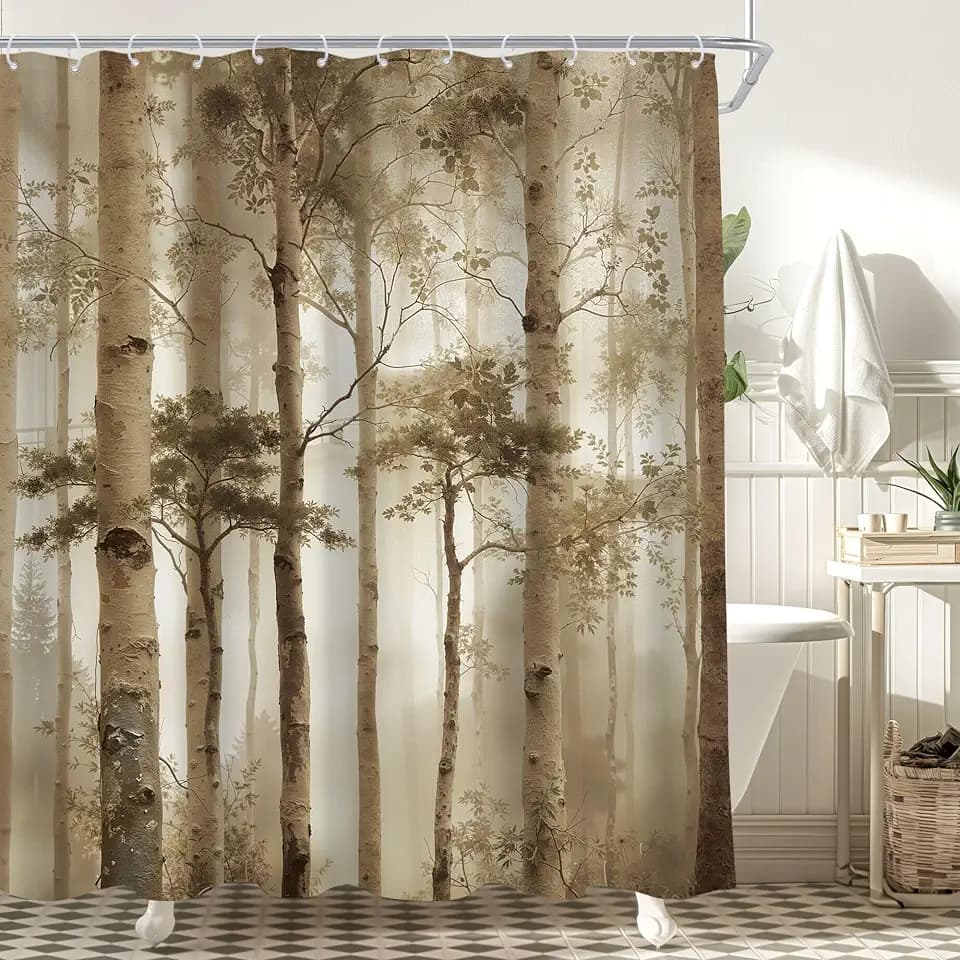 Brown Birch Tree Nature Woodland Plant Misty Bathroom Shower Curtain Set