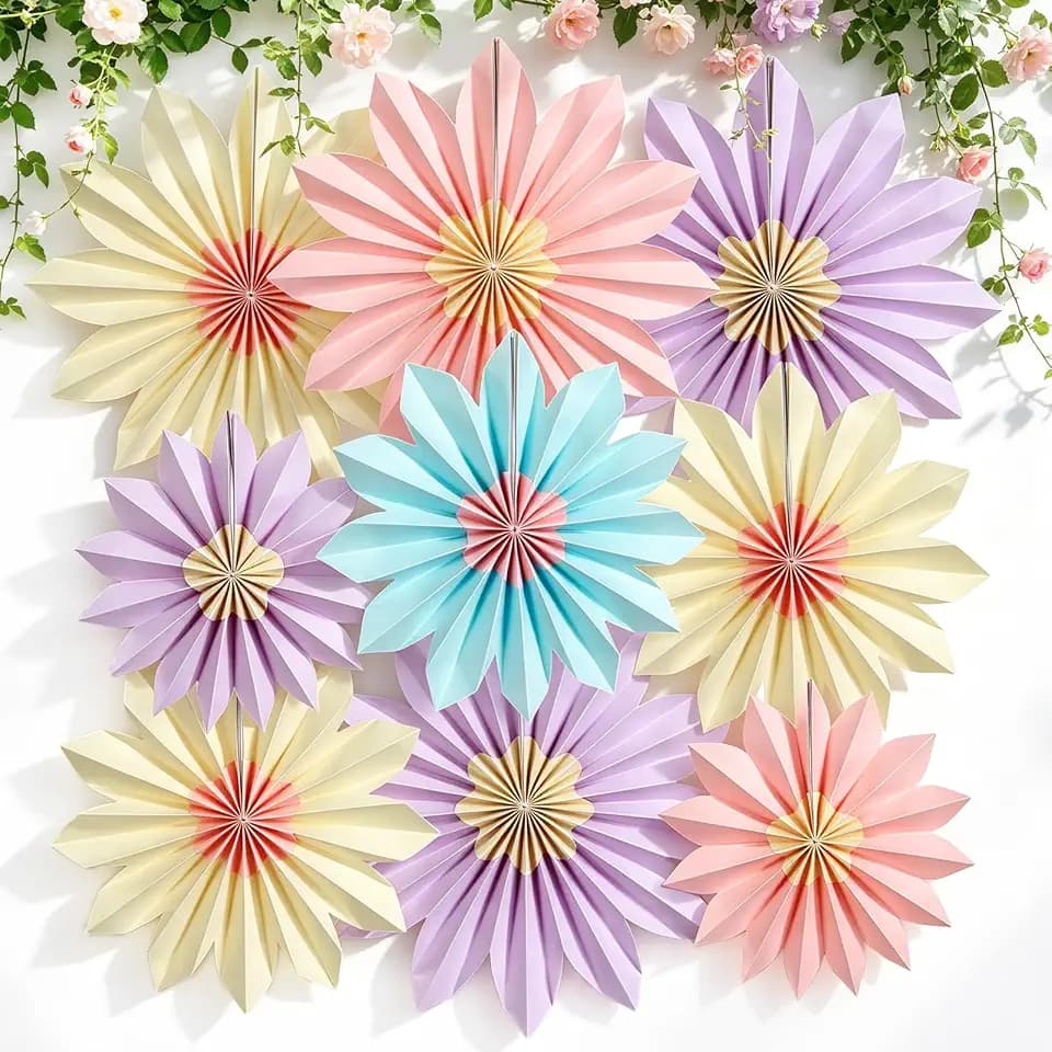 Pastel Paper Fans, Pastel Party Decorations for Classroom, Birthday, 9 PCS Yellow, Pink and Purple Pastel Paper Flower Decorations for Baby Shower, Wall Decor