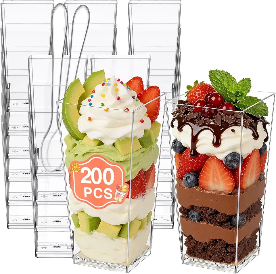 Eupako 3 oz Plastic Dessert Shooter Cups with Spoons - 200 Pack Mini Clear Square Appetizer Cup, Small Dessert Cup for Jello Shots, Parfait, Puddings, Mousse