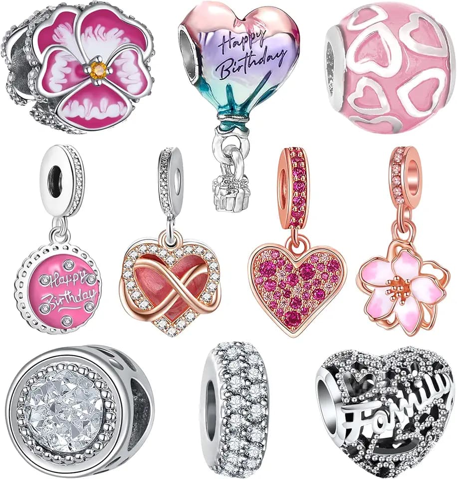 10 Pack Silver Bead Charms for Bracelets and Necklaces Chain Jewellery Charm for Woman