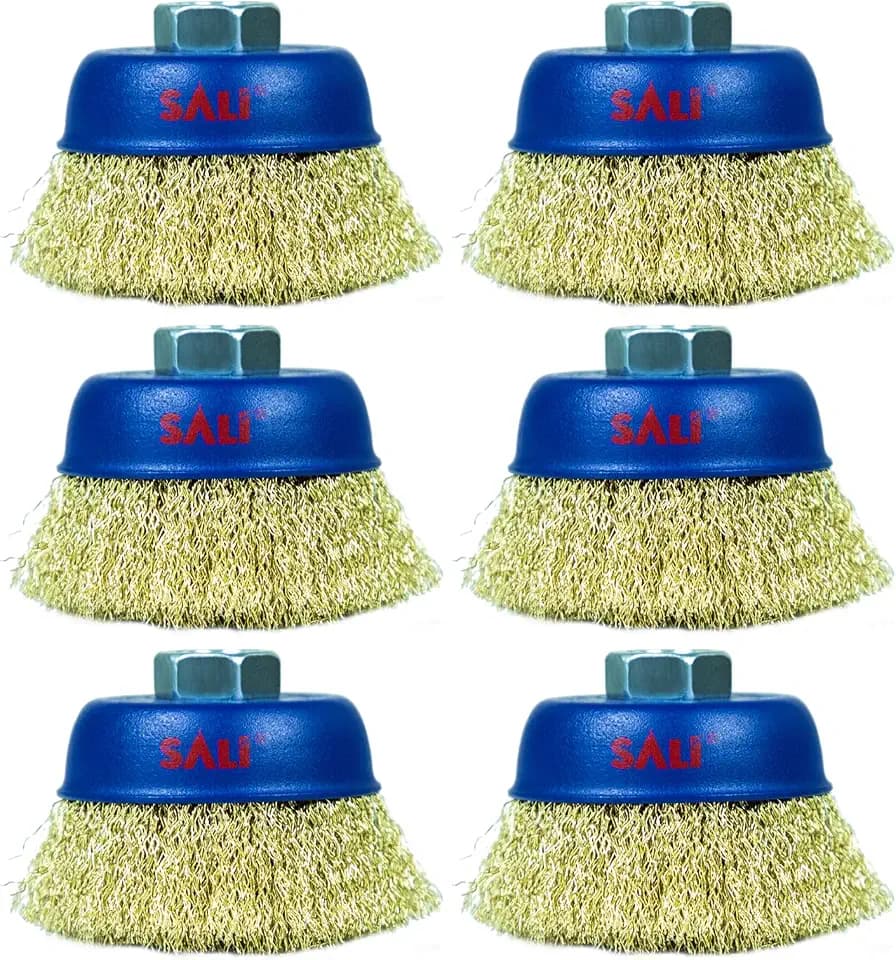 SALI 6 Pack Wire Cup Brush, 3 Inch Coarse Crimped Cup Brush for Grinders, with 5/8 Inch Arbor for Heavy Cleaning Rust, Stripping and Abrasive, for Angle Grinder