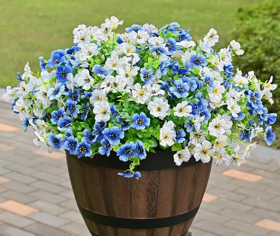 LADADA 6 Bundles Artificial Fake Flowers,Fake Blue Silk Daisy with Eucalyptus for Planter Pot UV Resistant Realistic for Outside Porch Home Patio Garden Decoration (White Blue)