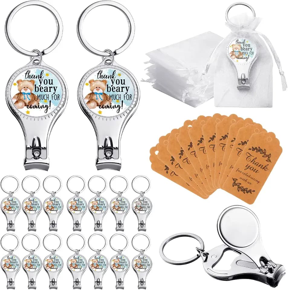50 Sets Bottle Openers Baby Shower Return Favors for Guest Nail Clipper Bottle Opener Decorations with Thank You Tags Organza Bags for Baby Shower Gender Revel Party Souvenirs(Bear)