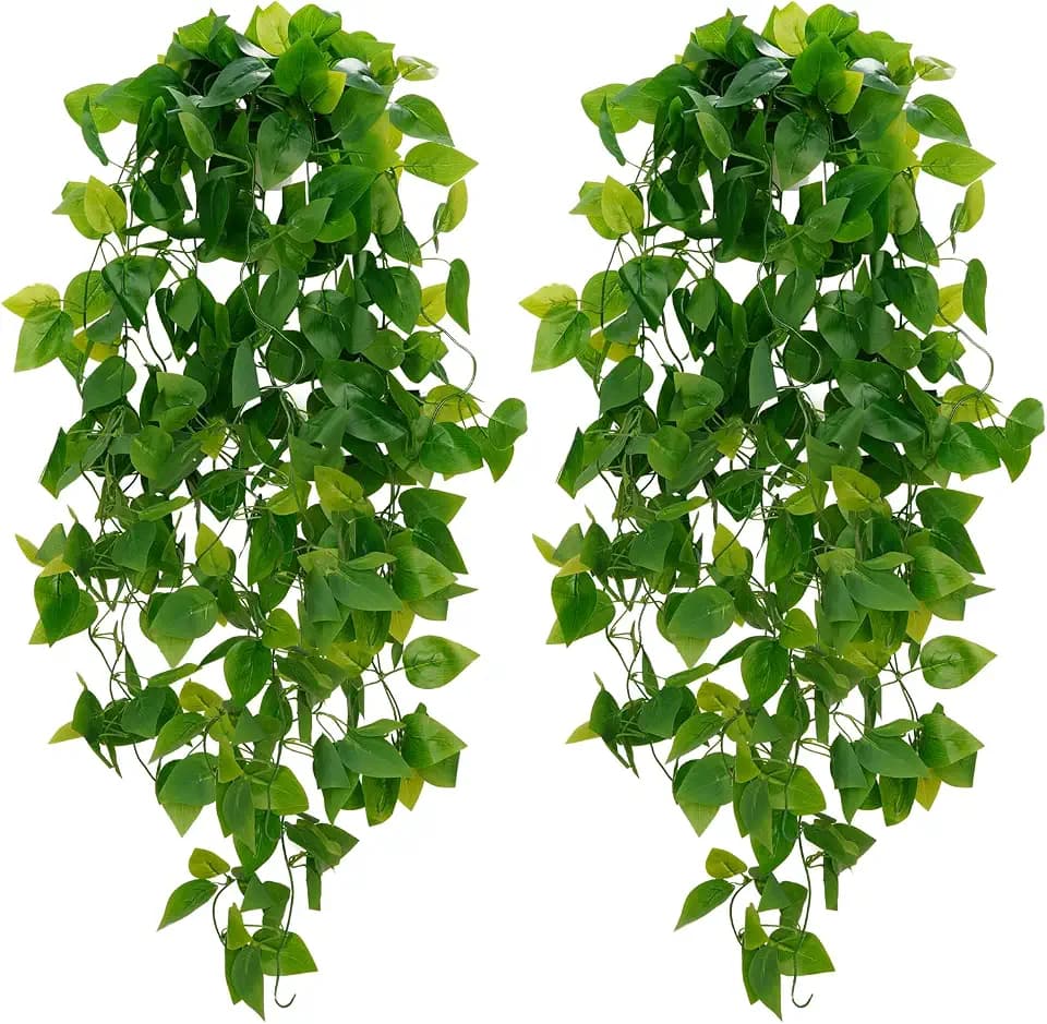 BLEUM CADE Fake Hanging Plants, 2pcs Artificial Pothos Vines Faux Plants Greenery for Wall Home Living Room Office Indoor Outdoor Decor (No Baskets)