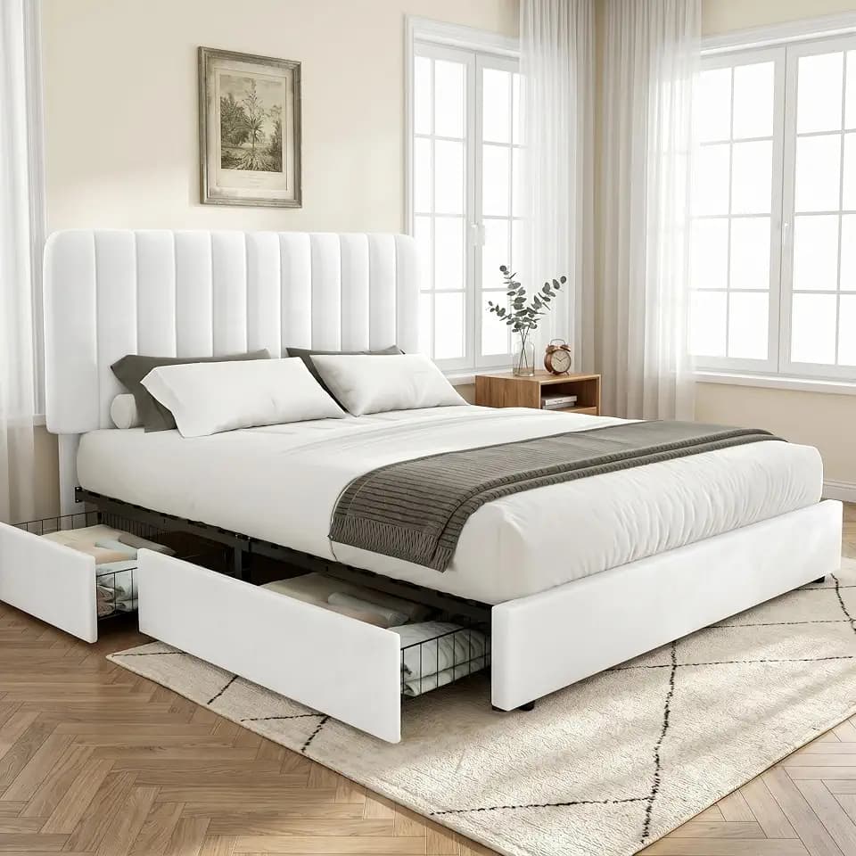 VECELO Full Size Upholstered Bed Frame with 4 Drawers and Headboard, Velvet Platform Storage Bedframe, Wooden Slats Support, No Box Spring Needed,White