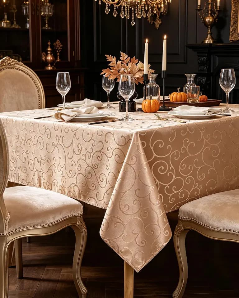 Romanvicky Jacquard Rectangular Tablecloth, Champagne Gold Swirl Floral, Spill-Proof Stain Resistant Wrinkle Free Table Cover for Wedding Banquet Party Holiday Decor, 60x84 Inch