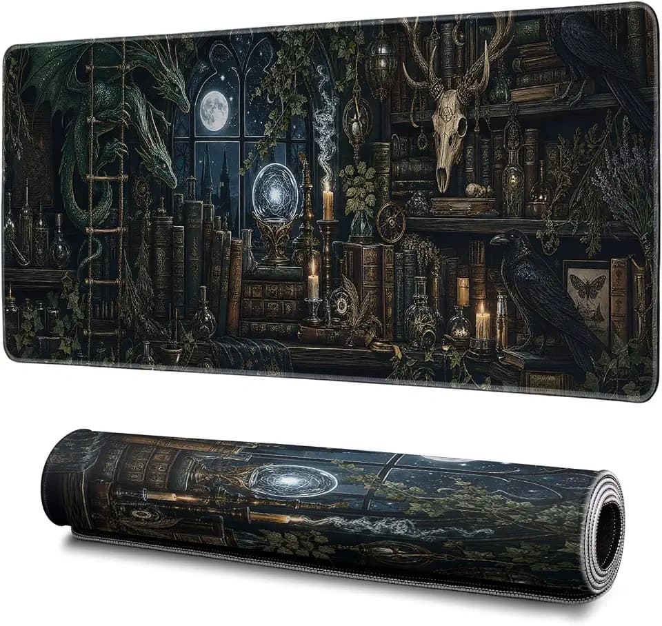 Mystical Gothic Library Mouse Pad Abstract Vintage Book-Themed Mouse Pad 31.5x11.8 Inch Texture Non-Slip Rubber Base Large Mousepad Stitched Edges Keyboard Mouse Mat Desk Pad for Office and Home