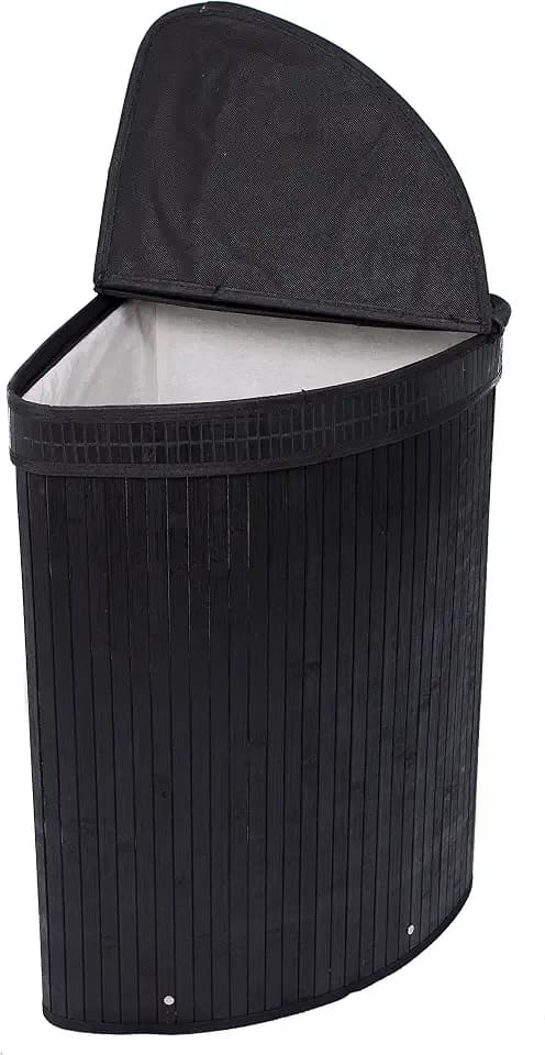 BirdRock Home Corner Laundry Hamper with Lid and Cloth Liner - Bamboo - Black - Easily Transport Laundry Basket - Collapsible Hamper - String Handles