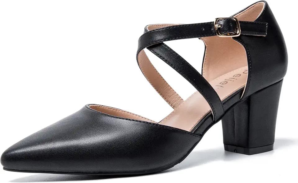 Women's Pointed Toe Pumps, Cross-Strap, Block Heel Dress Shoes