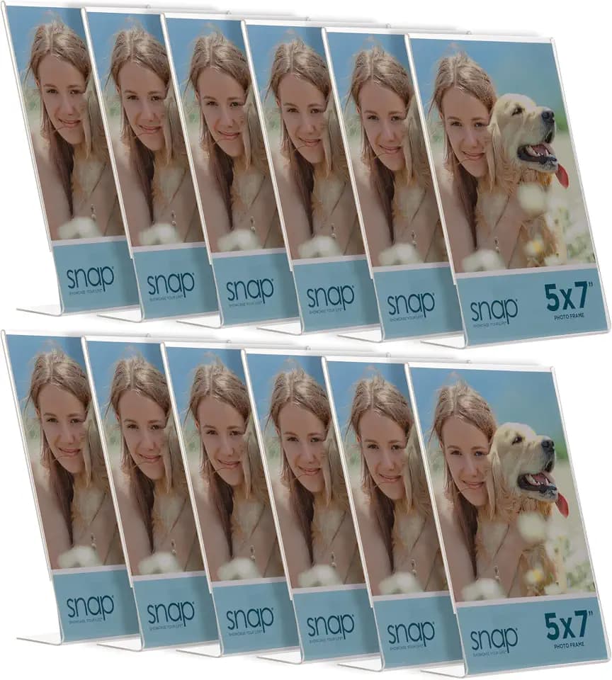 Snap 5x7 Clear Picture Frame 12 Pack: Frameless L-Shape Desktop Stand, Photo Frame and Sign Holder, Clear Acrylic Style Tabletop Display, 5 x 7