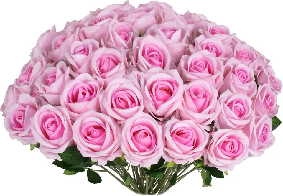 30PCS Artificial Pink Roses Bulk Realistic Silk Fake Flowers with Long Stem