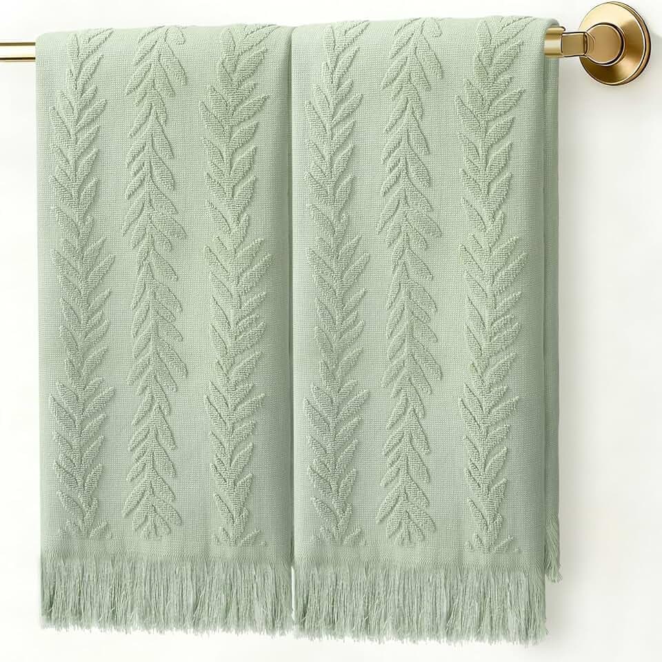 JarThenaAMCS 2Pcs Sage Green Leaves Hand Towels with Tassel Eucalyptus Jacquard Cotton Bath Towel Farmhouse Decorative Dish Towel for Fall Bathroom Kitchen Decor, 13.8 x 29.5 Inch