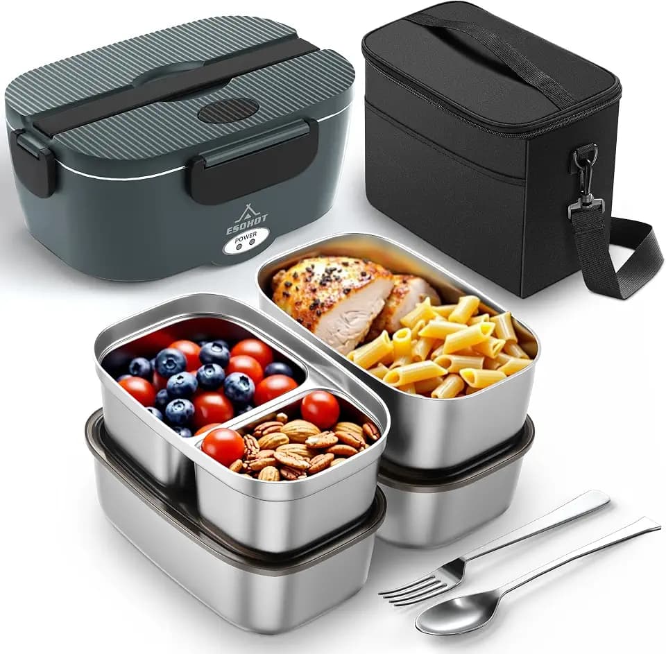 Heated Lunch Box,120W Electric Lunch Box for Adults with 1.5L 304 Stainless Steel Container, 12V/24V/110V Lonchera Eléctrica Portátil for Travel,Work,Car,Truck (Charcoal Grey, 1.5L x 4)