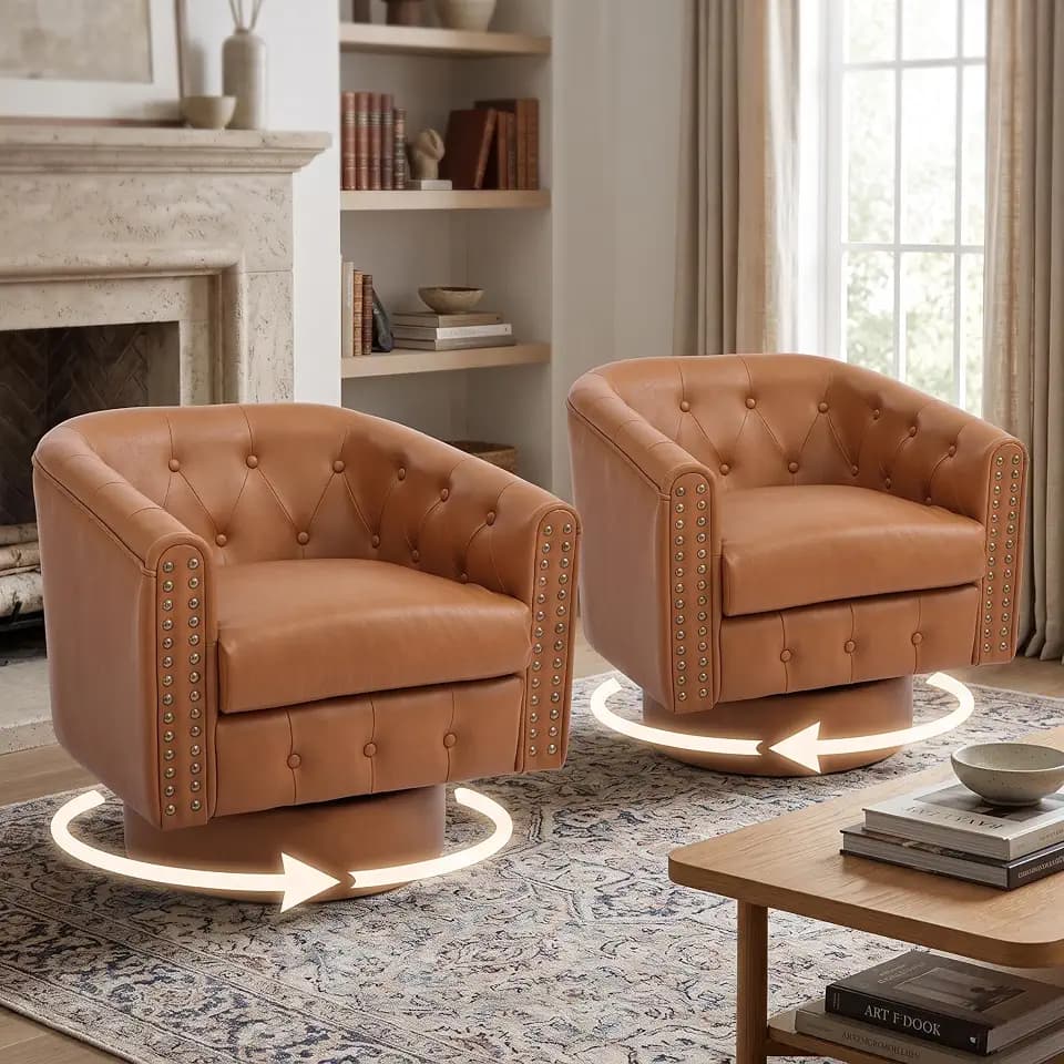 Garvee Swivel Barrel Accent Chair, 360° Leather Armchair with Rivets
