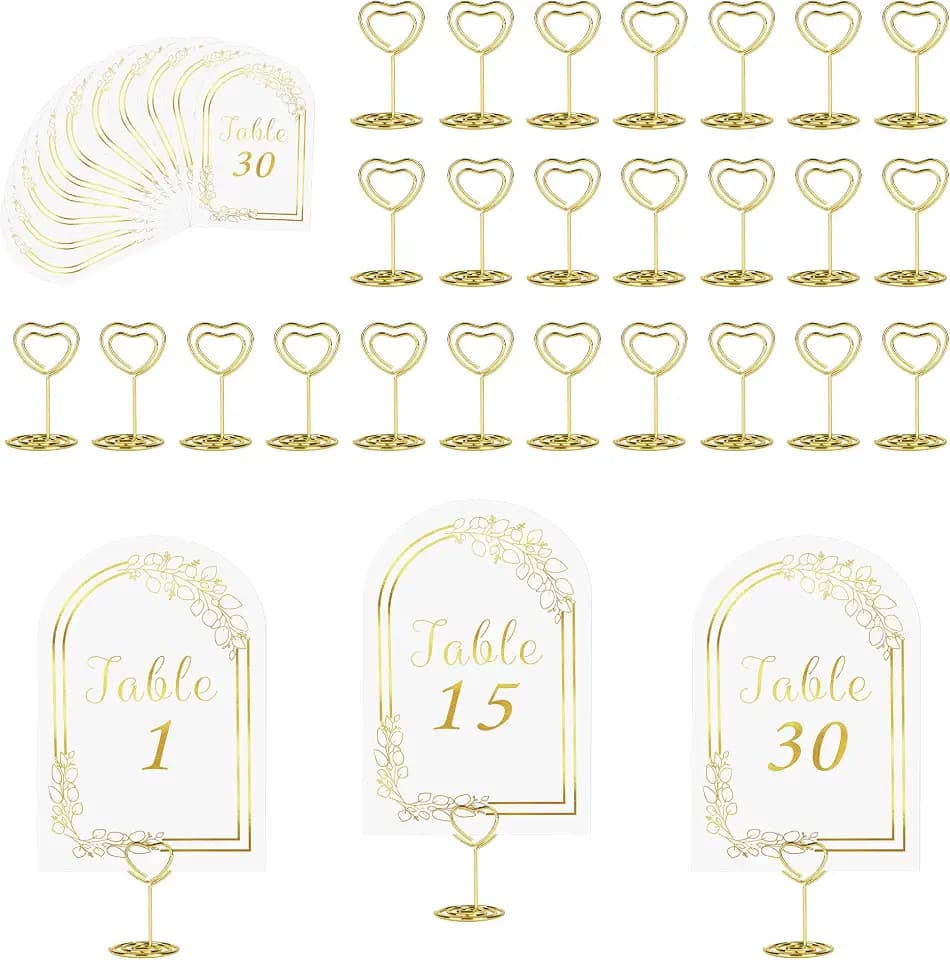 JOYIT Wedding Table Numbers 1-30 with 30 Heart Holders, White Gold Cards & Place Card Holders, 4" x 6" for Wedding & Birthday