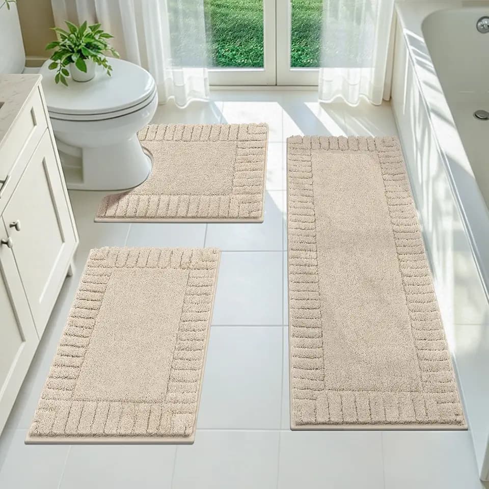 Pauwer Bathroom Rugs Sets 3 Piece, Microfiber Bath Mat Set, Light Beige