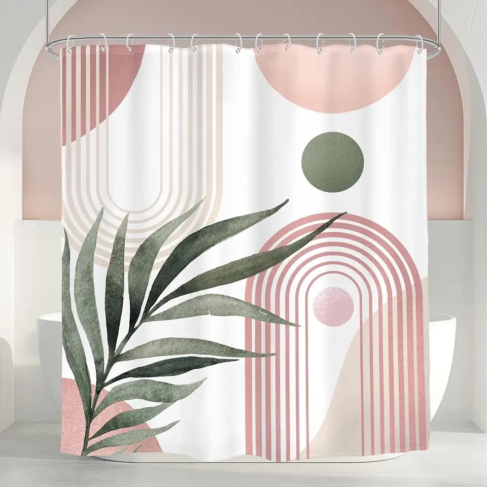 Pink Green Boho Shower Curtain Abstract Mid Century Bathroom Curtain Set