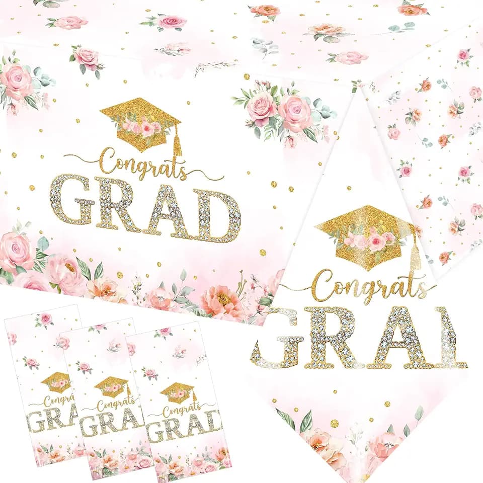 2026 Graduation Decorations,3pcs Floral Graduation Decorations Congrats Grad Tablecloth Rectangle Flower Plastic Graduation Tablecloth for Girl Pastel Floral Grad Party Decorations