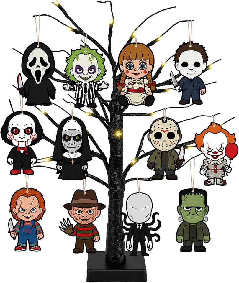 Halloween LED Lighted Birch Tree with 12Pcs Hanging Tree Ornaments