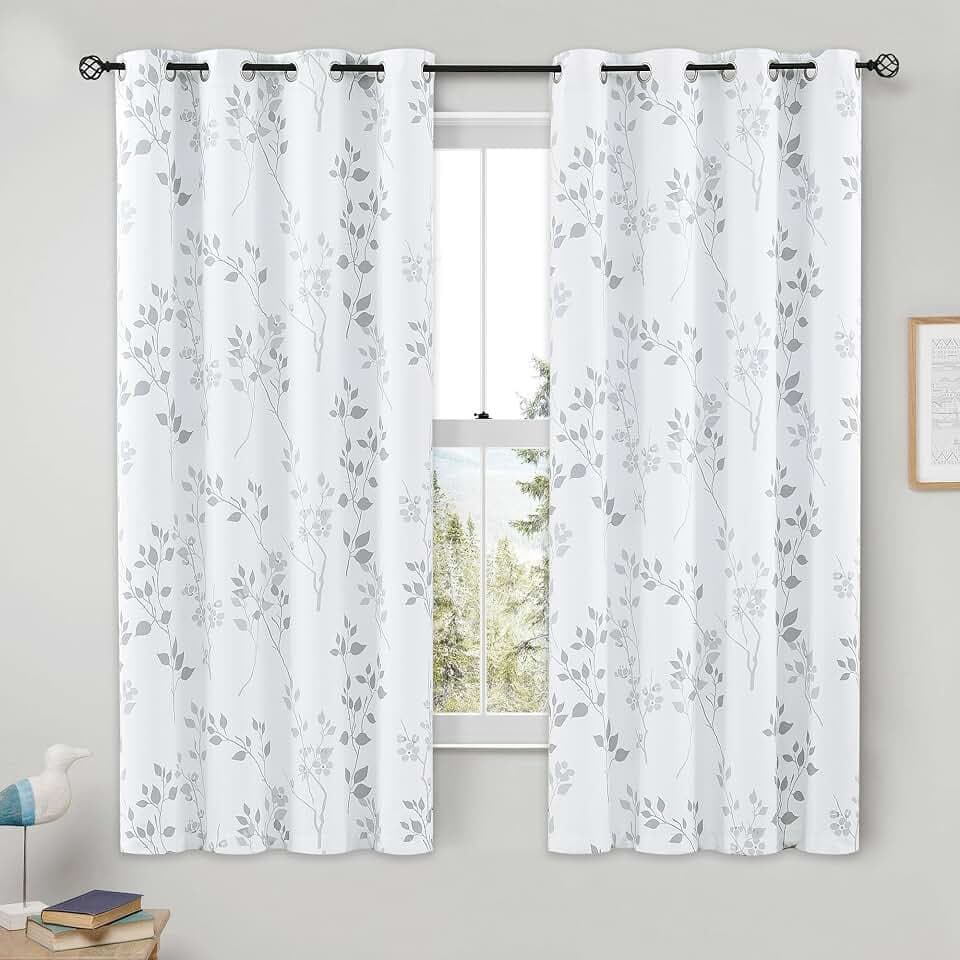 Beauoop Floral 100% Blackout Curtains for Bedroom Grey White 52X54 2 Panels