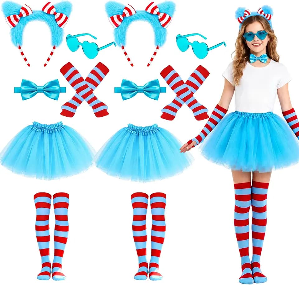 Halloween Thing Costume Accessories Set, Blue 3 Layered Tulle Tutu Skirt Striped Socks Headband Gloves