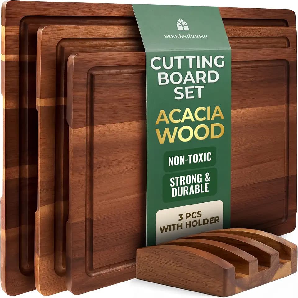 Acacia Wood Cutting Board Set of 3 with Holder, Juice Grooves & Handles