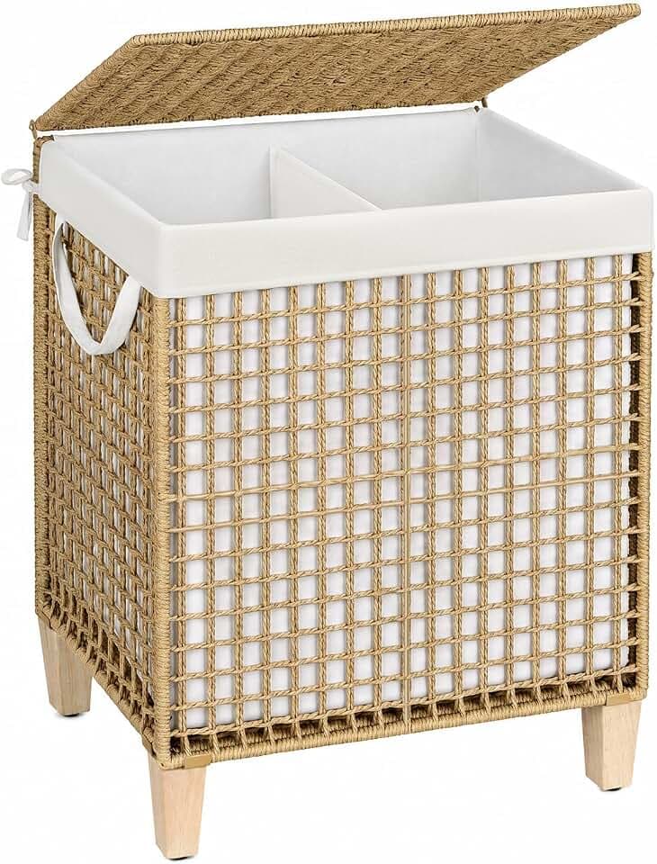 Double Laundry Hamper with Lid & 4 Wood Feet,120L Handwoven Laundry Basket
