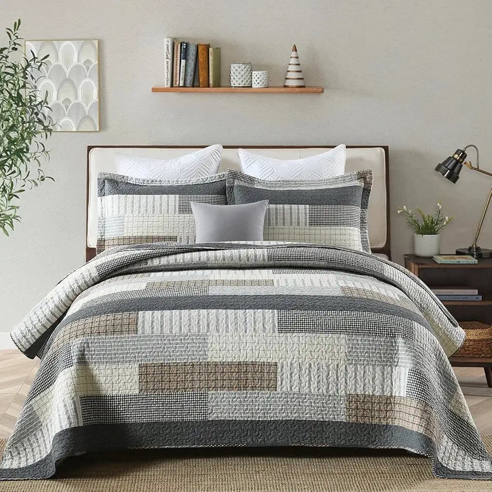 Y-PLWOMEN 100% Cotton Quilts Queen Size Farmhouse Striped 3-Pieces Bedding
