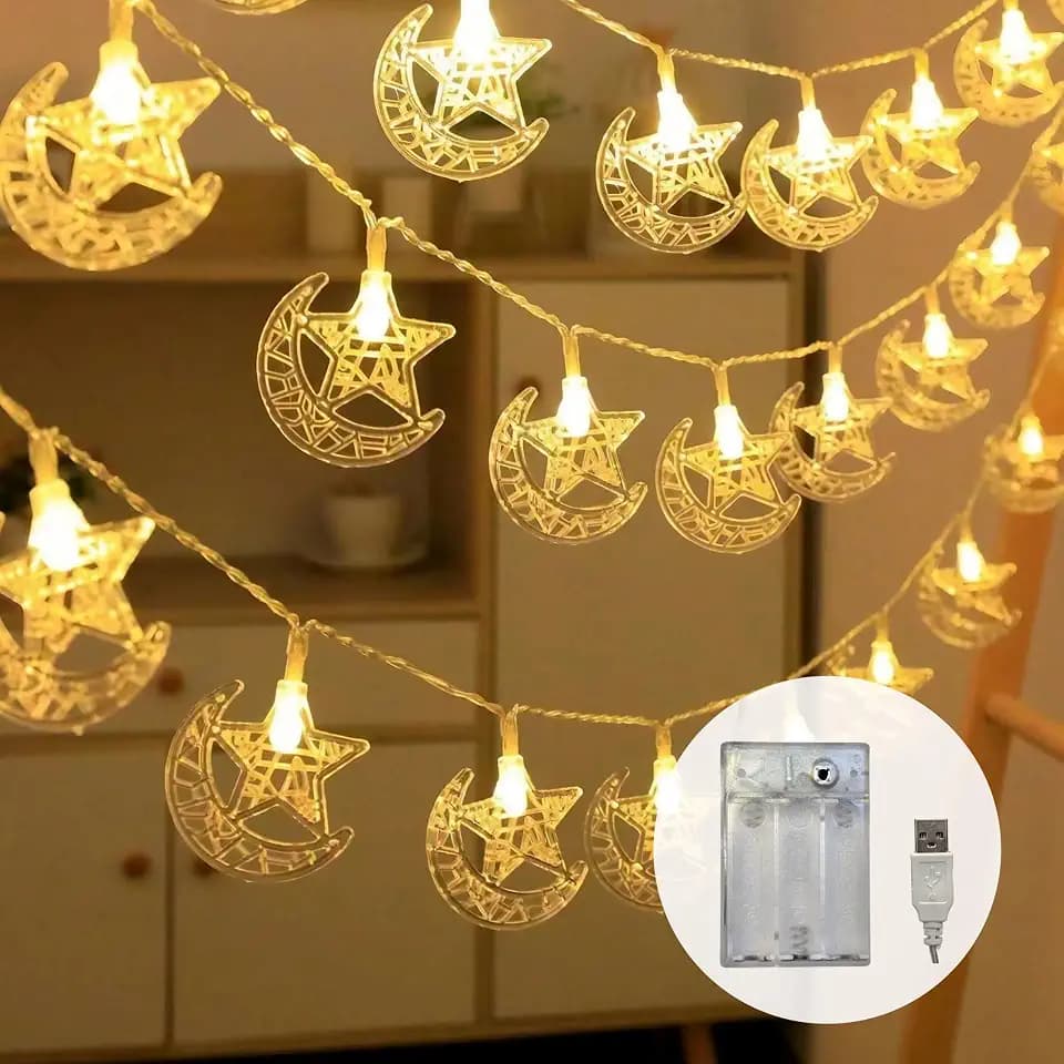 Ramadan Decorations for Home Ramadan Lights 13FT 20LED USB or Battery Operated 8 Modes Timer Star Moon Fairy Twinkle Lights Eid Mubarak Decor Warm White (Star Moon 1)