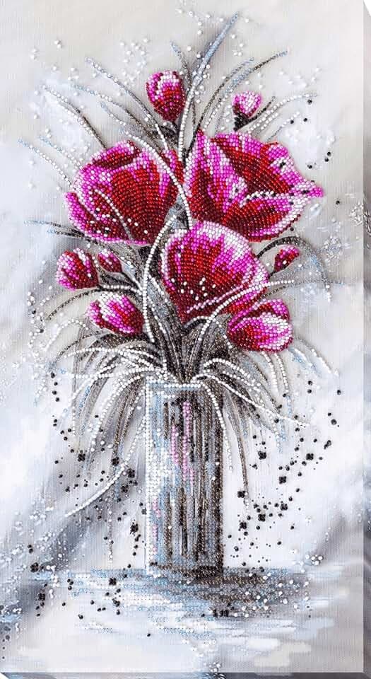 Bead Embroidery Kit Red Emerald. DIY Beadwork Craft Kit for Beginners. Hand Made Beading kit from Abris Art, Ukraine. Stylish needlework set, needlepoint pattern red tulip flower purple decor wall art