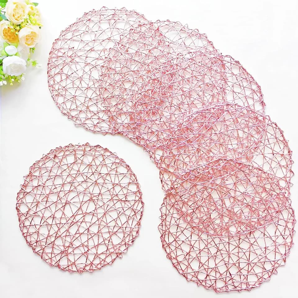 IcosaMro 13 Inch Boho Round Woven Pink Placemats Set of 6 Shiny Place Mats