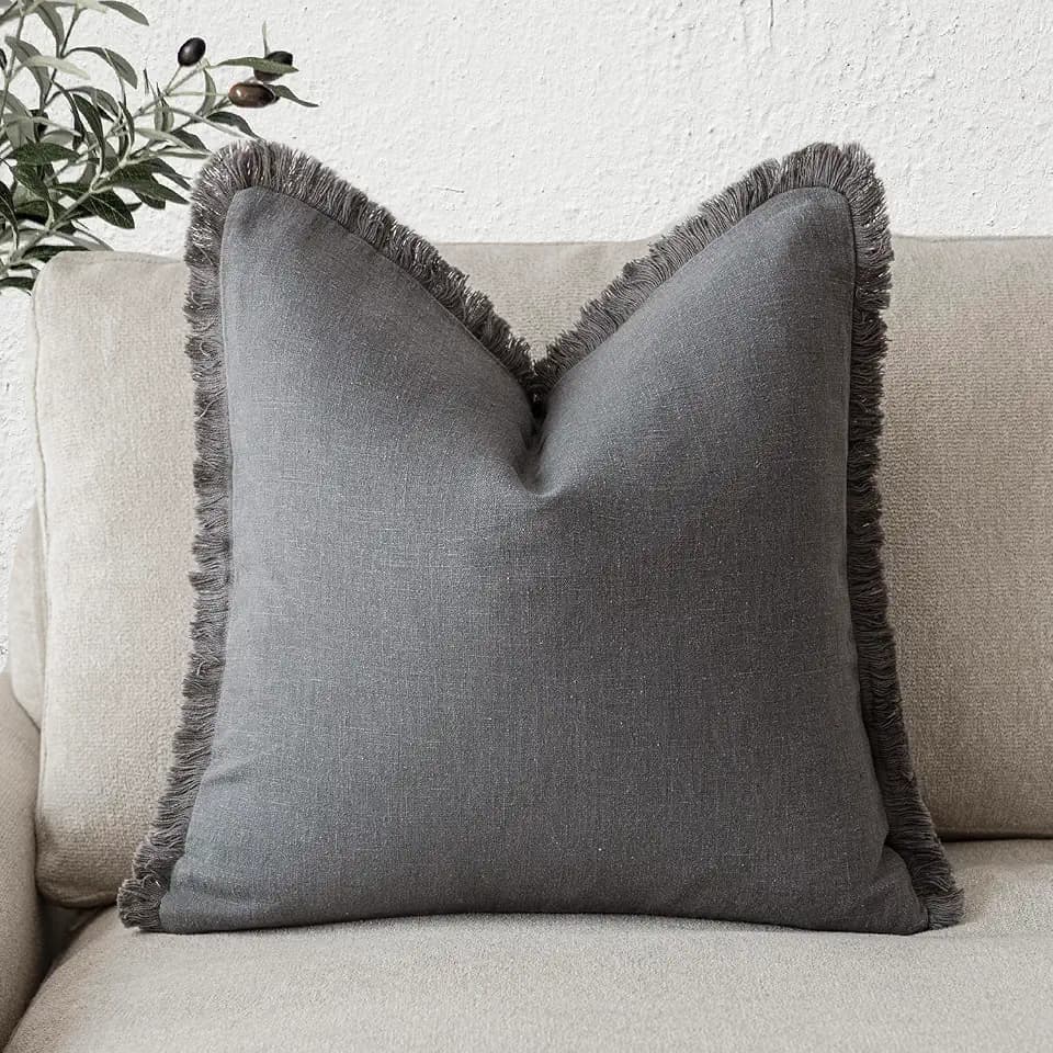 Foindtower Decorative Linen Fringe Throw Pillow Covers Cozy Boho Farmhouse Cushion Cover with Tassels Soft Accent Pillowcase for Chair Sofa Bed Living Room Home Decor, 26×26 Inch, 1PC, Gray