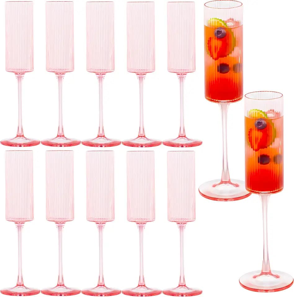 JLYLOL 12 Pcs Pink Plastic Champagne Flutes 6OZ Large Ribbed Champagne Glasses Toasting Glass Plastic Goblets for Parties Vintage Mimosa Bar Glasses Elegant Stemmed Drinking Cups for Wedding Bride
