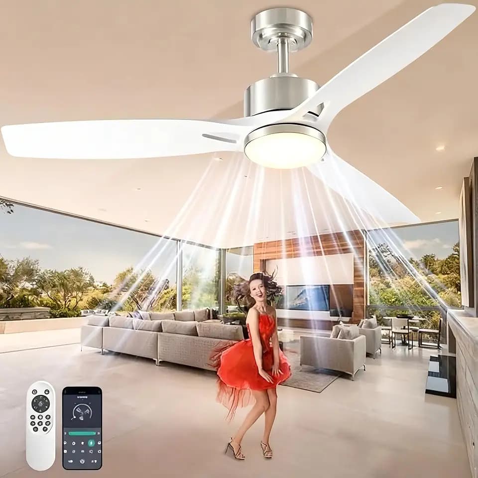 52 Inch Ceiling Fans with Lights and Remote Control - Outdoor Indoor Flush Mount Low Profile Silver White Ceiling Fans for Living Room,Bedroom,Patio