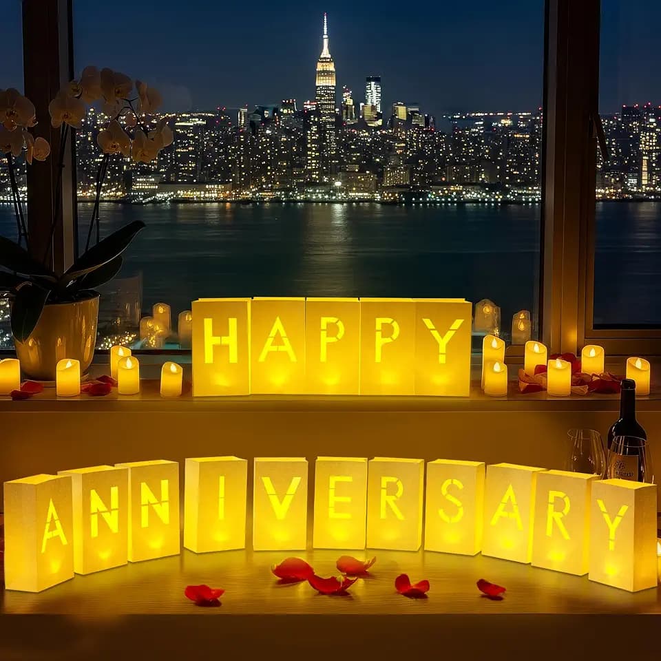 Happy Anniversary Light Up Letters, Luminary Paper Bags, Anniversary decor