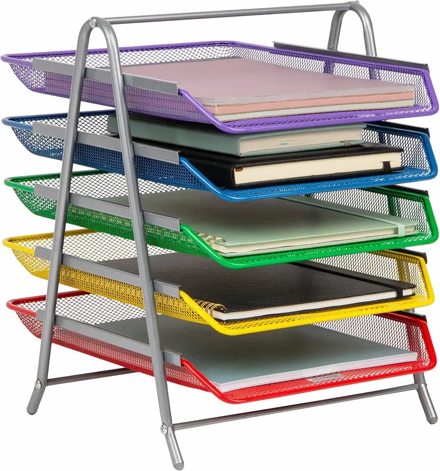 Mind Reader 5-Tier Paper Tray Organizer with Multicolor Trays, Classroom File Organizer for Teachers, Metal Mesh, Assorted Colors