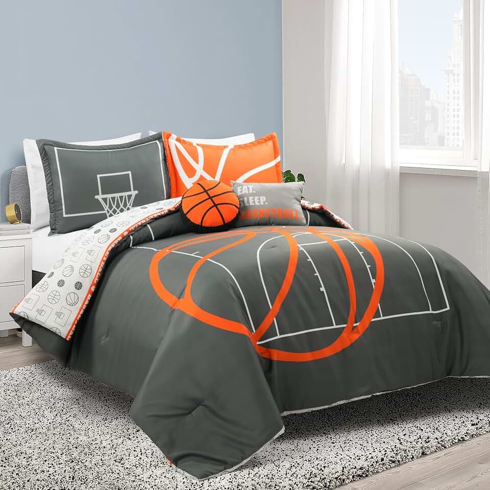 Lush Decor Basketball Game Reversible Oversized 5 Piece Comforter Set - Cozy & Soft Kids Sports Themed Bedding Set - Full/ Queen, Charcoal