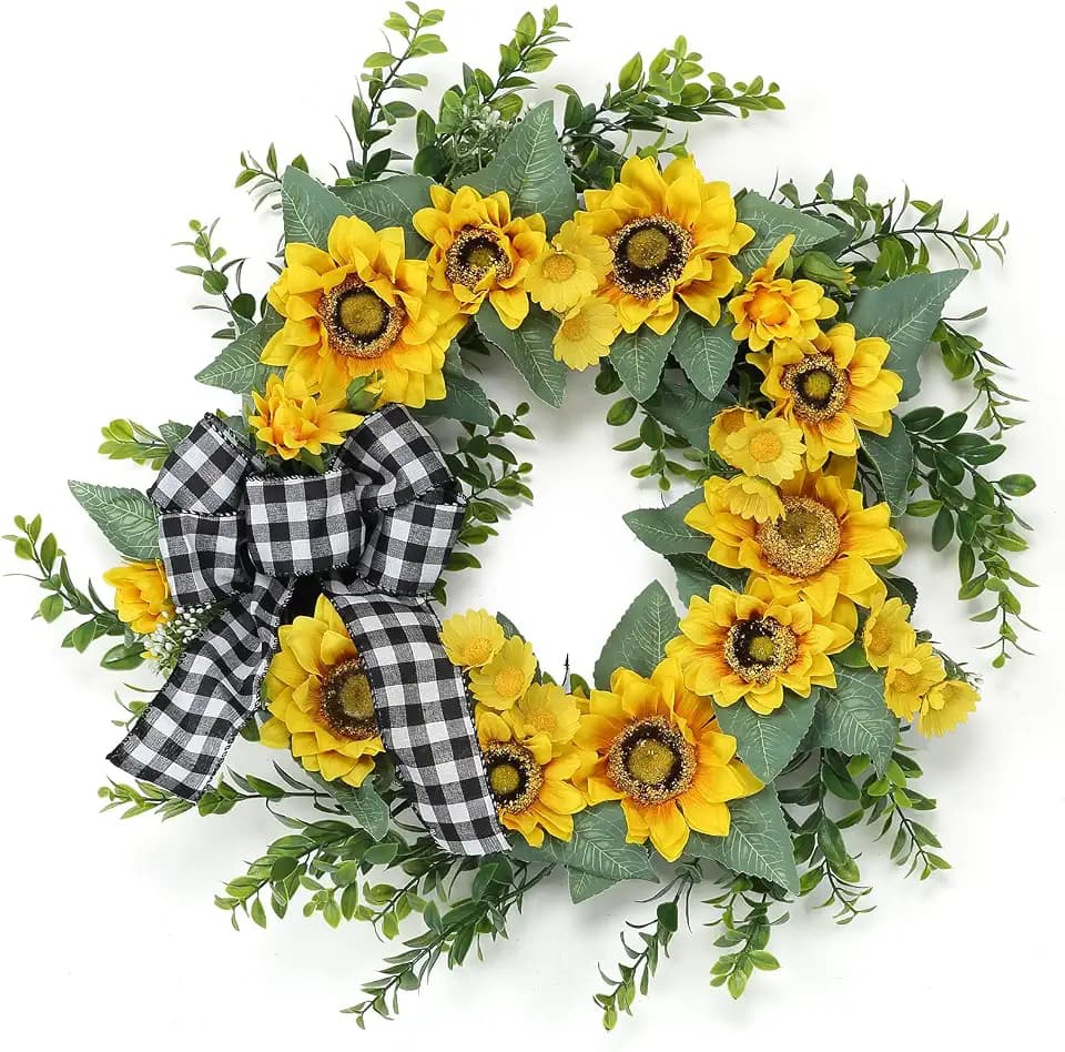 18 in Spring Summer Wreath, Sunflowers Wreath for Front Door with Large Plaid Bow, Eucalyptus Leaves, Sunflowers for Indoor Outdoor Wall Festival Home Farmhouse Wedding Decor