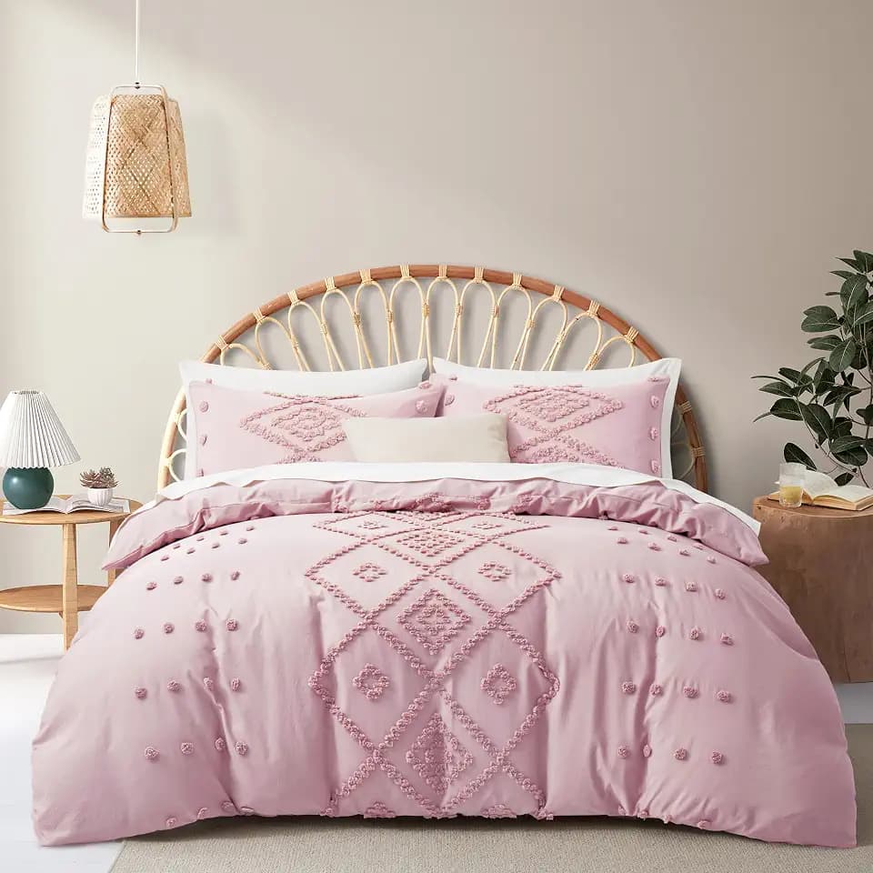 Oli Anderson Tufted Boho King Duvet Cover Set, Pink, 3 Pieces