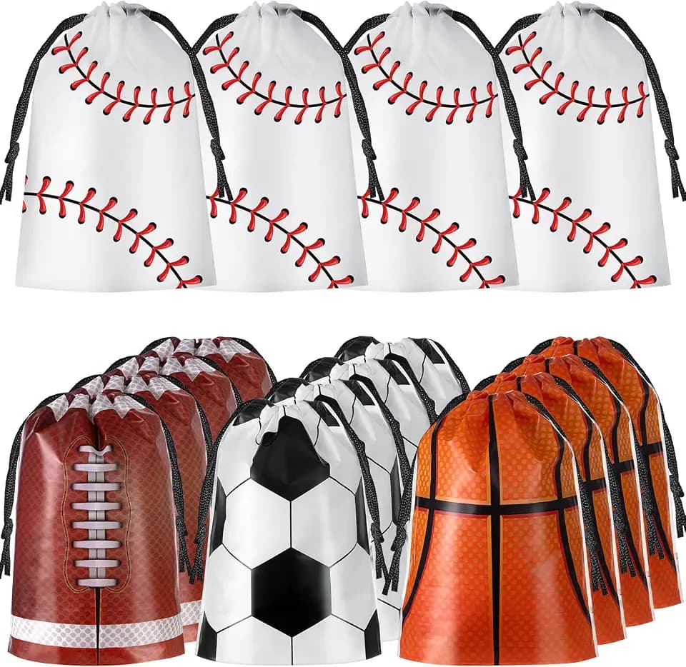 Flutesan 60 Pcs Sports Goodie Bags 6 x 8 Inch Baseball Soccer Football Basketball Rugby Drawstring Bags Bulk Plastic Backpacks for Sports Themed Party Favors Snack Candy Treat Gift Supplies