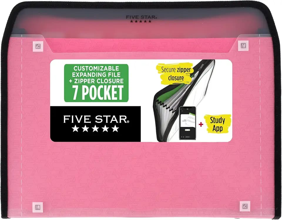 Five Star Expanding File Organizer + Study App, 7-Pocket Accordian File Organizer, Zipper Closure, Holds 8-1/2" x 11" Paper, Prom Pink (350099R)