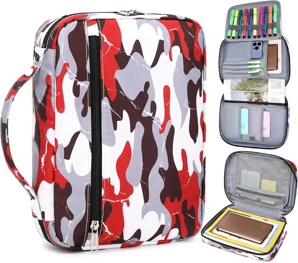 Kids Bible Case Bible Cover for Boys, Scripture Bag for Boys Bible Carrier for Kids with Handle and Zippered Pocket, Camo Red