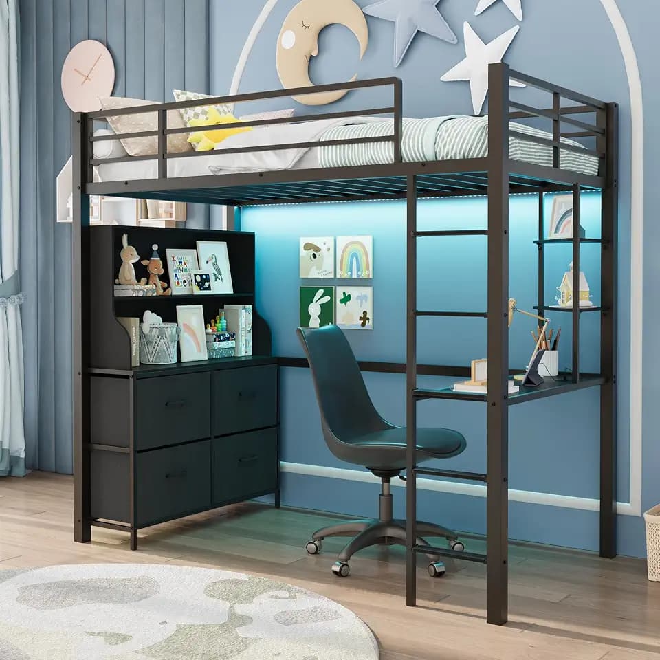 GarveeHome Loft Bed Twin Size with Desk, 4 Large Fabric Drawers and 2 Storage Shelves, Heavy Duty Metal Loft Bed with LED Lights & Charging Sation, Safety Guard & Ladder, No Box Spring Needed, Black