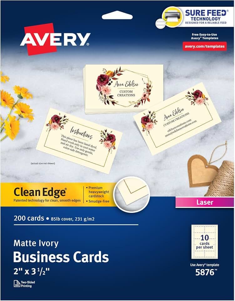 Avery® Clean Edge® Printable Business Cards, Sure Feed® Technology, 2" x 3.5", Ivory, 200 Blank Cards for Laser Printers (5876)